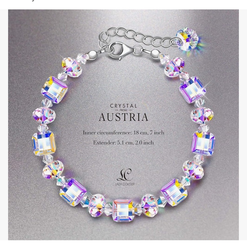 💜 Sterling Silver Austrian Crystal Cube Bracelet with Lobster Clasp - Picture 2 of 8